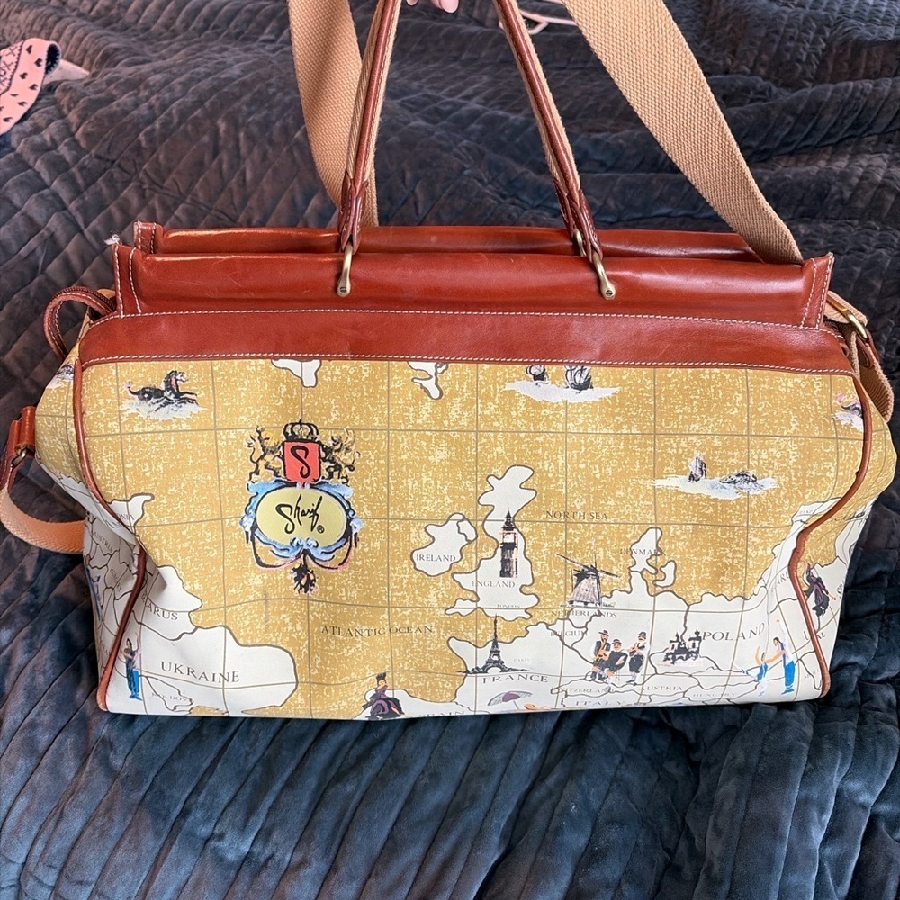 Travel by Sharif Vintage World Map Leather Trim Duffel Weekender Bag - Picture 4 of 11